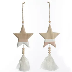 Natural and White Wooden Stars with Tassels Tree Decorations - Set of 2 Sale