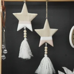 Natural and White Wooden Stars with Tassels Tree Decorations - Set of 2 Sale