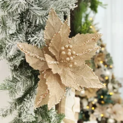 Natural Burlap Poinsettia Flower Clip with Beads Outlet