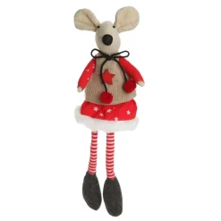 Natural Calico Fabric Girl Mouse with Red Dress and Stripey Legs Clearance