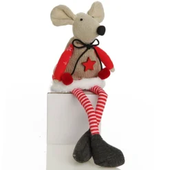 Natural Calico Fabric Girl Mouse with Red Dress and Stripey Legs Clearance