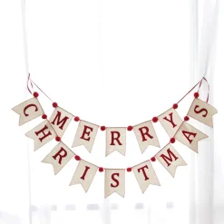Natural Linen and Red Merry Christmas Bunting with Pom Poms Fashion
