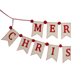Natural Linen and Red Merry Christmas Bunting with Pom Poms Fashion
