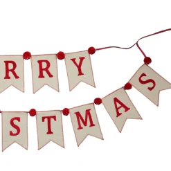 Natural Linen and Red Merry Christmas Bunting with Pom Poms Fashion