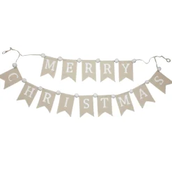 Natural Linen and White Merry Christmas Bunting with Pom Poms Flash Sale