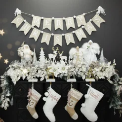 Natural Linen and White Merry Christmas Bunting with Pom Poms Flash Sale