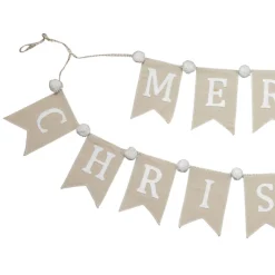 Natural Linen and White Merry Christmas Bunting with Pom Poms Flash Sale