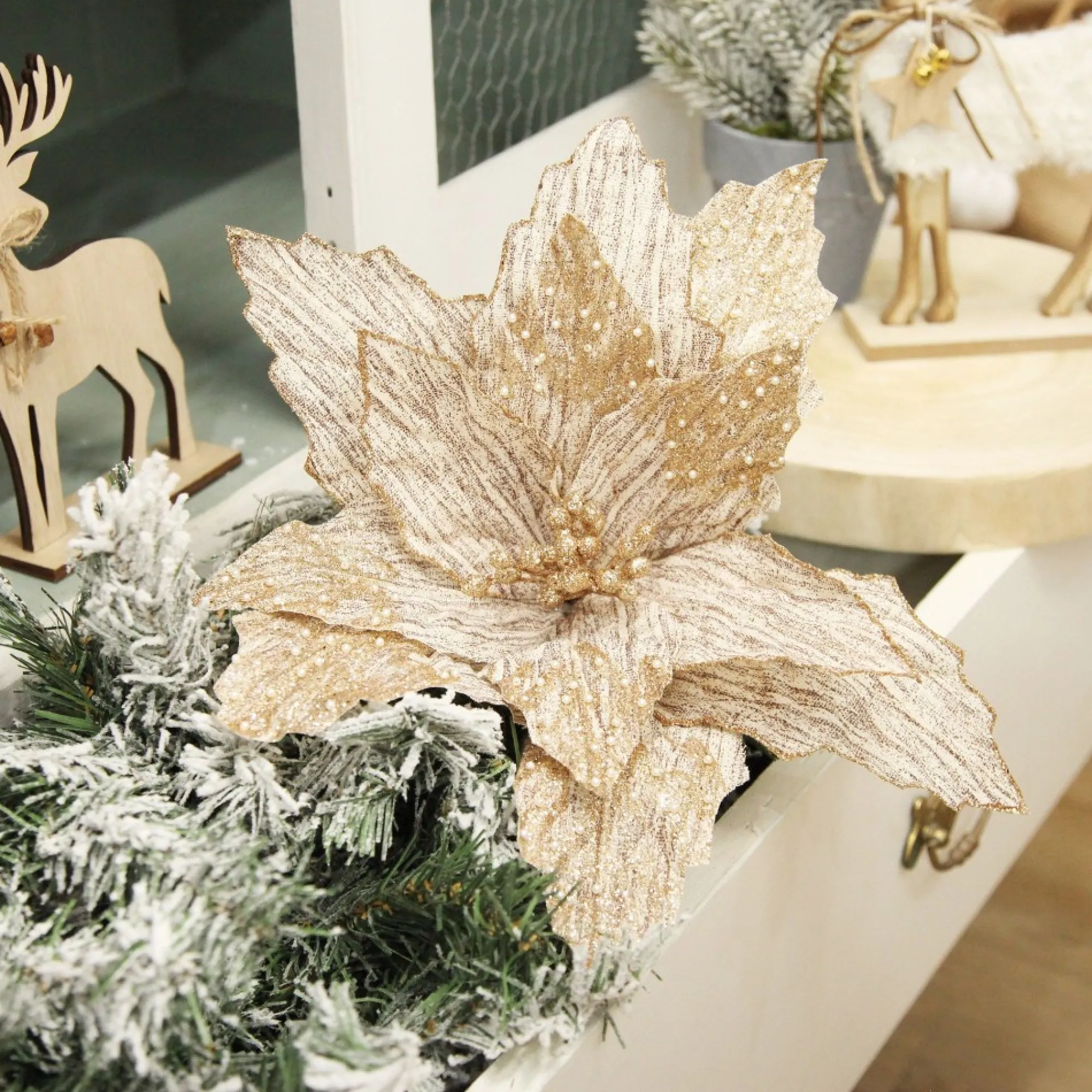 Natural Poinsettia Flower Clip with Glitter Tips Store