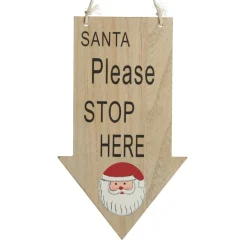 Natural Wood Santa Please Stop Here Arrow Sign - Santa Face Fashion