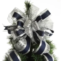 Navy Blue and Silver Deluxe Tree Topper Bow with Streamers Fashion