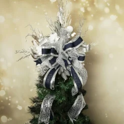 Navy Blue and Silver Deluxe Tree Topper Bow with Streamers Fashion
