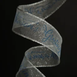 Organza Silver and Blue Seasons Greetings Wired Ribbon - 3.8cm Online