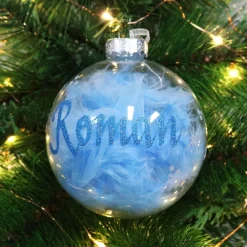 Personalised Blue Feather Clear Glass Christmas Bauble Clearance