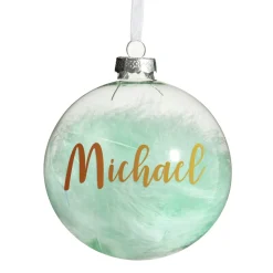Personalised Blue Feather Clear Glass Christmas Bauble Clearance