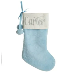 Personalised Blue Fur Christmas Stocking with Pom Poms Cheap