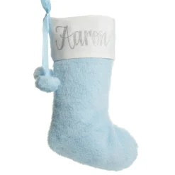 Personalised Blue Fur Christmas Stocking with Pom Poms Cheap