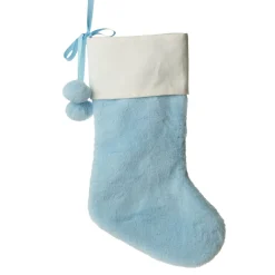 Personalised Blue Fur Christmas Stocking with Pom Poms Cheap