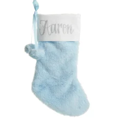 Personalised Blue Fur Christmas Stocking with Pom Poms Cheap