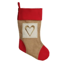 Personalised Burlap and Linen Heart Stocking with Red Trim New