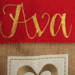 Personalised Burlap and Linen Heart Stocking with Red Trim New