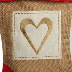 Personalised Burlap and Linen Heart Stocking with Red Trim New