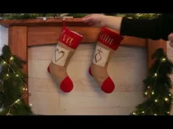 Personalised Burlap and Linen Heart Stocking with Red Trim New