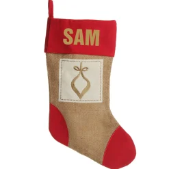 Personalised Burlap and Linen Bauble Stocking with Red Trim Outlet