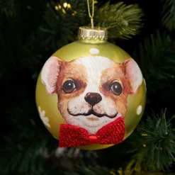 Personalised Chihuahua Dog with Red Bow Tie Lime Christmas Bauble Best
