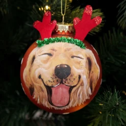 Personalised Dog with Reindeer Ears Copper Christmas Bauble Store
