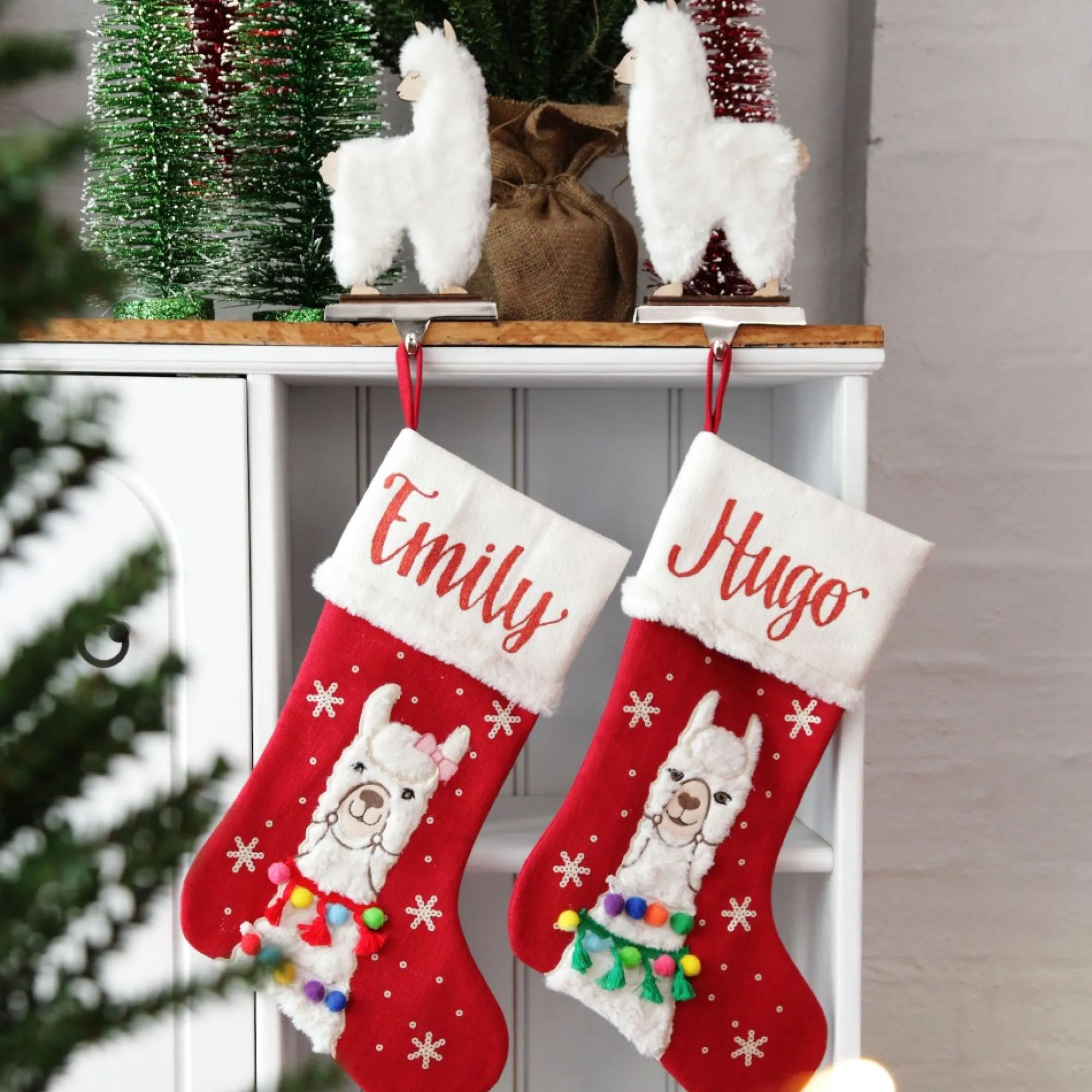 Personalised Fluffy Girl Llama Red Christmas Stocking Clearance