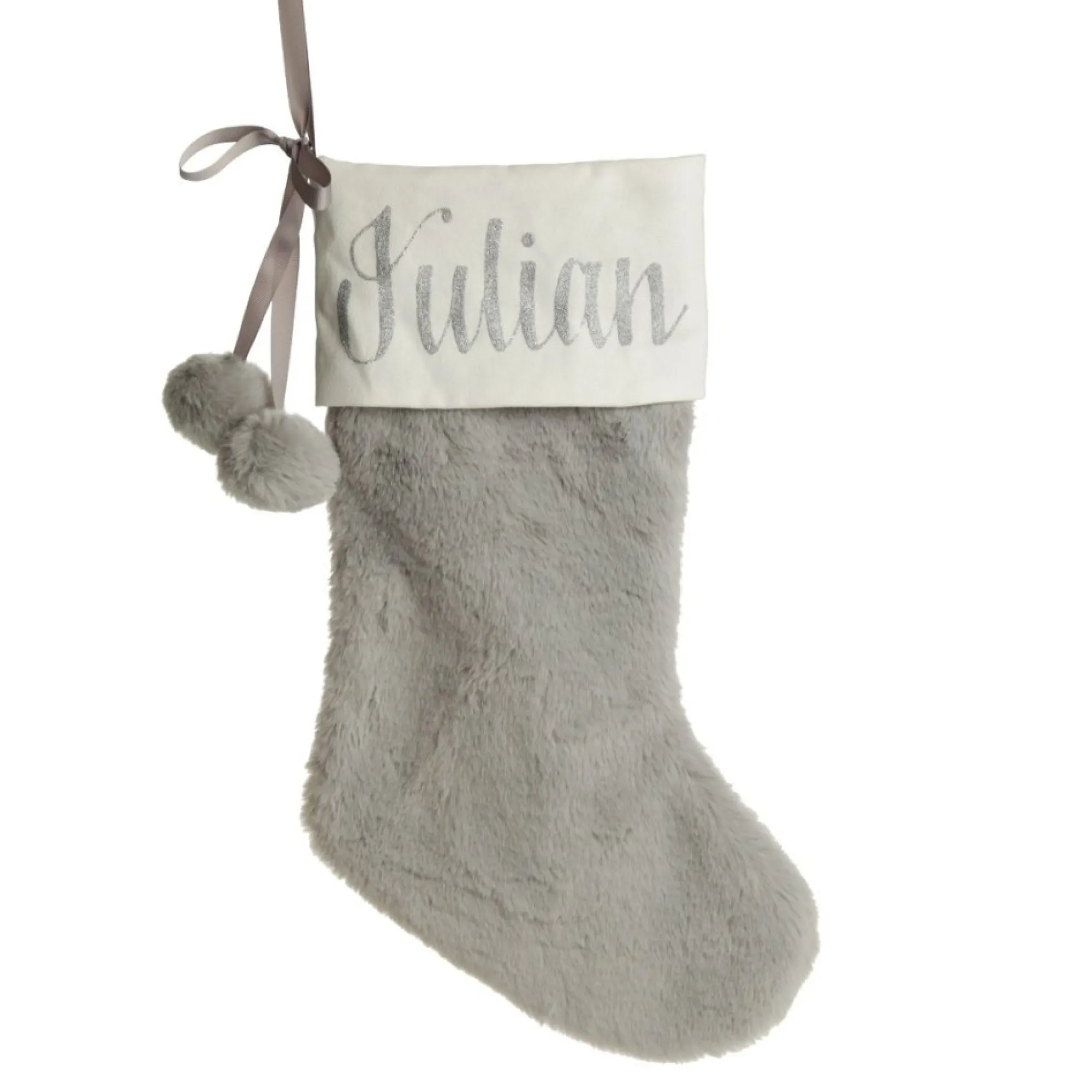 Personalised Grey Fur Christmas Stocking with Pom Poms Store