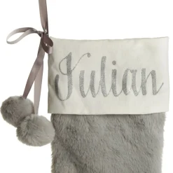 Personalised Grey Fur Christmas Stocking with Pom Poms Store