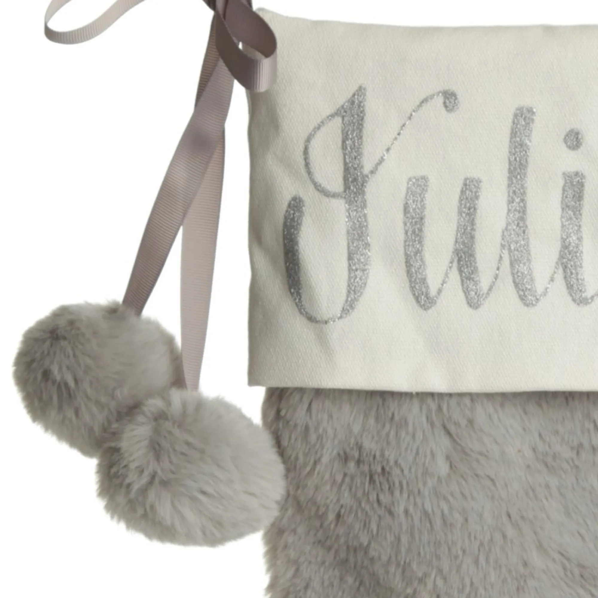 Personalised Grey Fur Christmas Stocking with Pom Poms Store