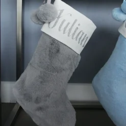 Personalised Grey Fur Christmas Stocking with Pom Poms Store