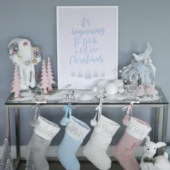 Personalised Grey Fur Christmas Stocking with Pom Poms Store