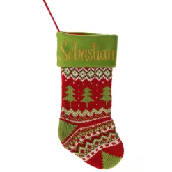 Personalised Knitted Tree Christmas Stocking - Green Cuff New