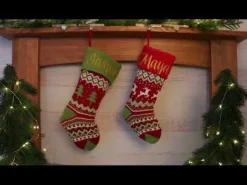 Personalised Knitted Tree Christmas Stocking - Green Cuff New