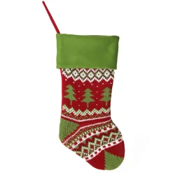 Personalised Knitted Tree Christmas Stocking - Green Cuff New