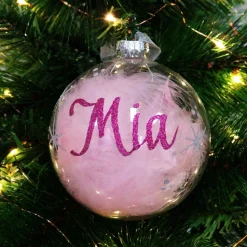 Personalised Pink Feather Clear Glass Christmas Bauble Online