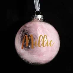 Personalised Pink Feather Clear Glass Christmas Bauble Online