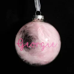 Personalised Pink Feather Clear Glass Christmas Bauble Online
