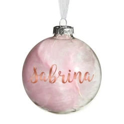 Personalised Pink Feather Clear Glass Christmas Bauble Online