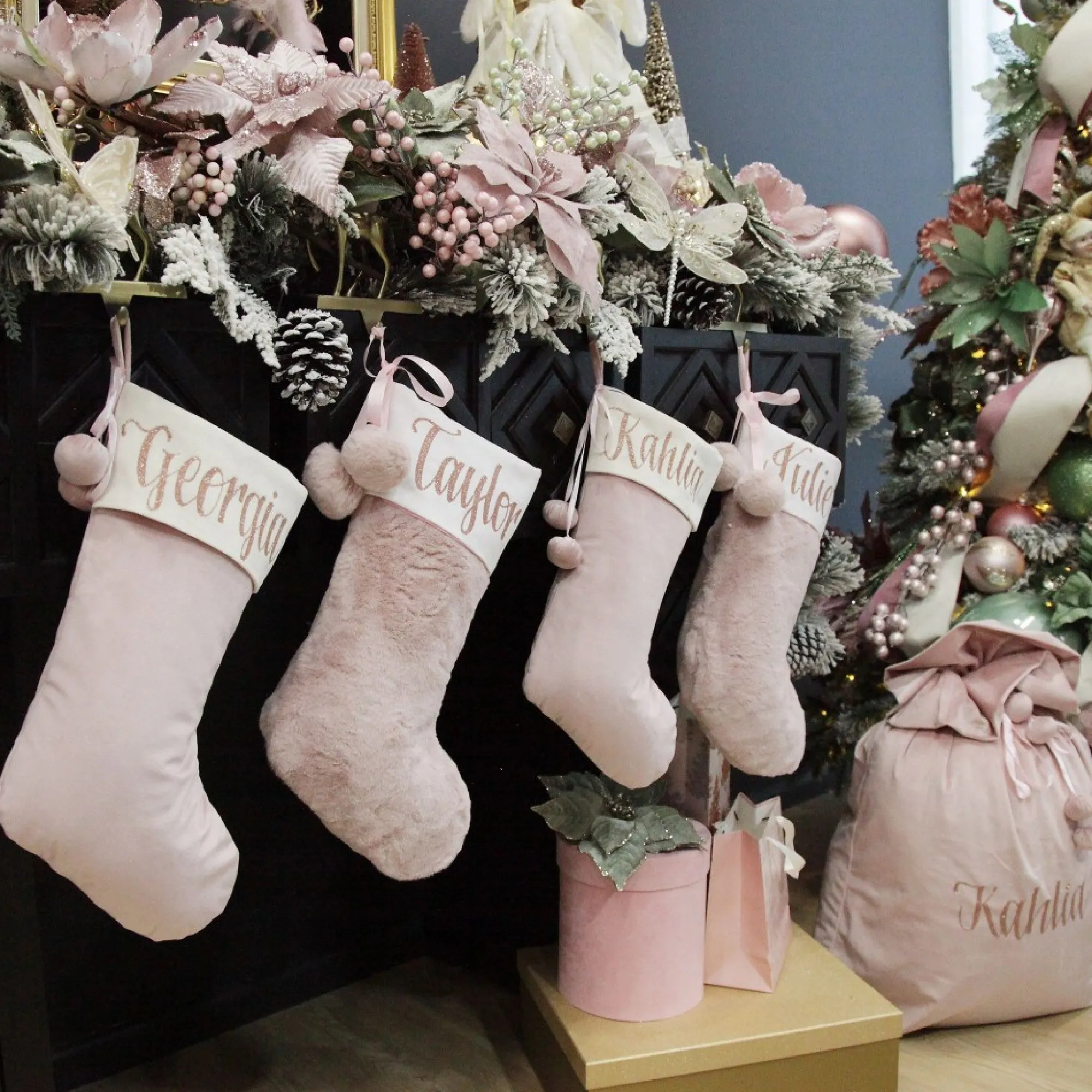 Personalised Pink Fur Christmas Stocking with Pom Poms Sale