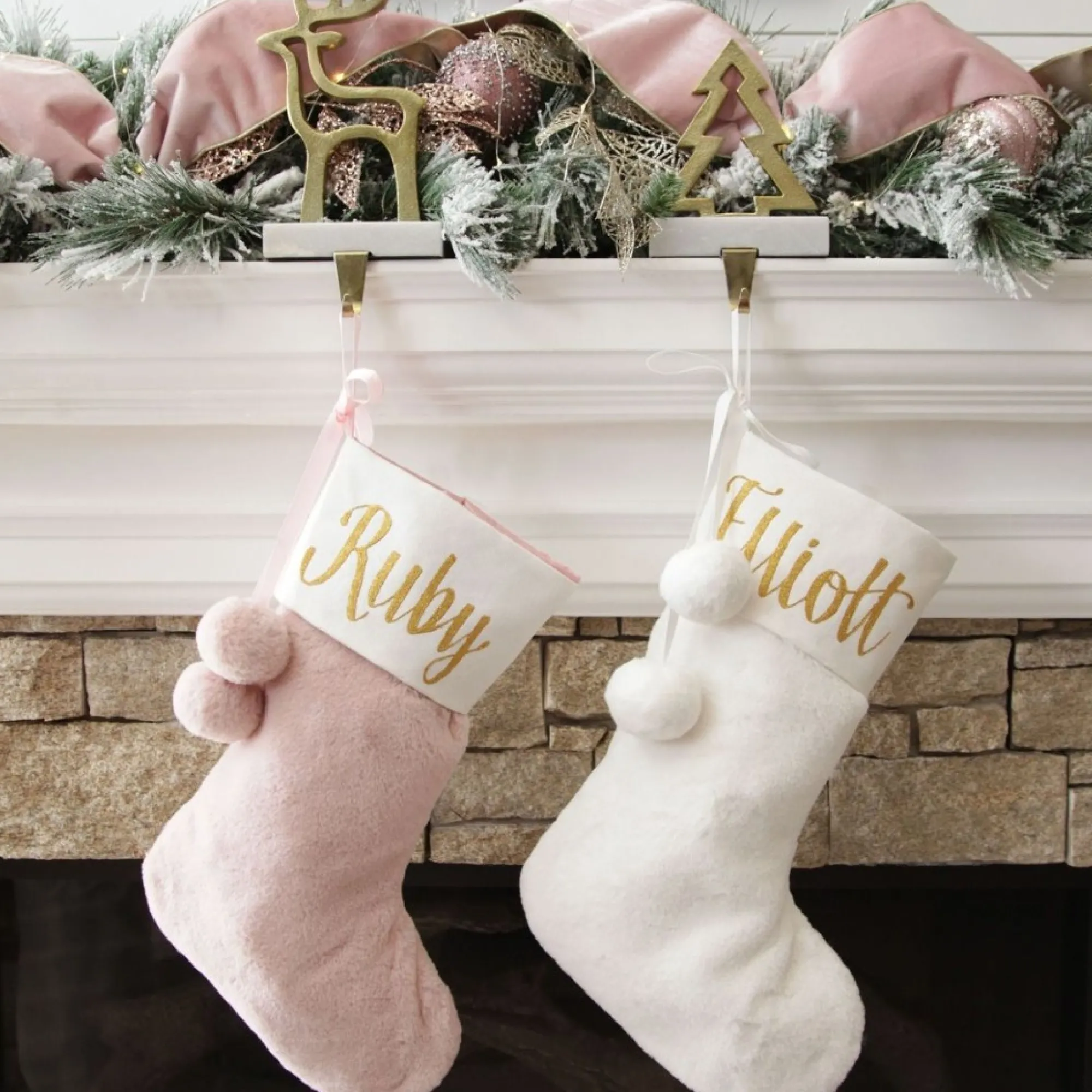 Personalised Pink Fur Christmas Stocking with Pom Poms Sale