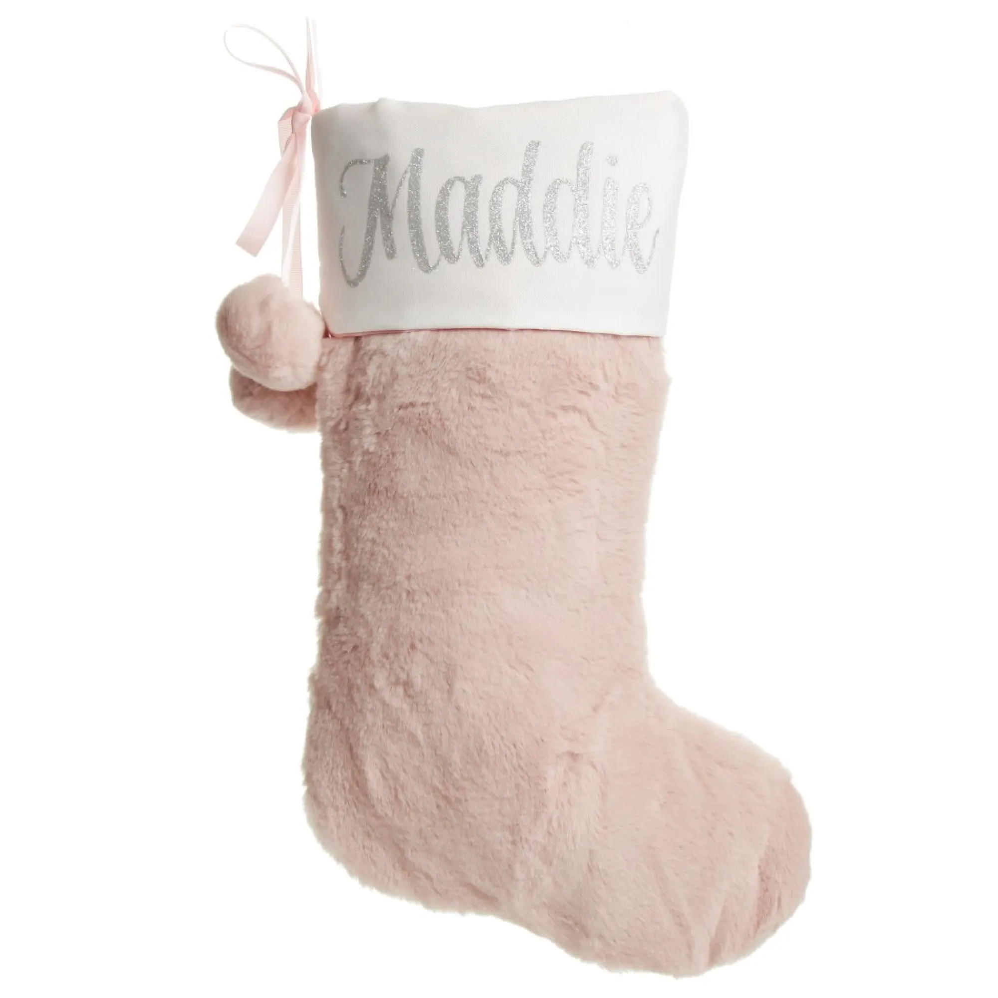 Personalised Pink Fur Christmas Stocking with Pom Poms Sale