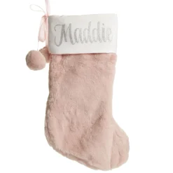 Personalised Pink Fur Christmas Stocking with Pom Poms Sale