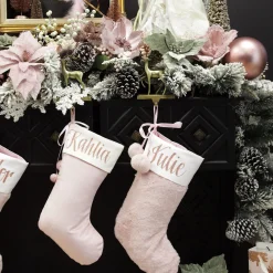 Personalised Pink Fur Christmas Stocking with Pom Poms Sale