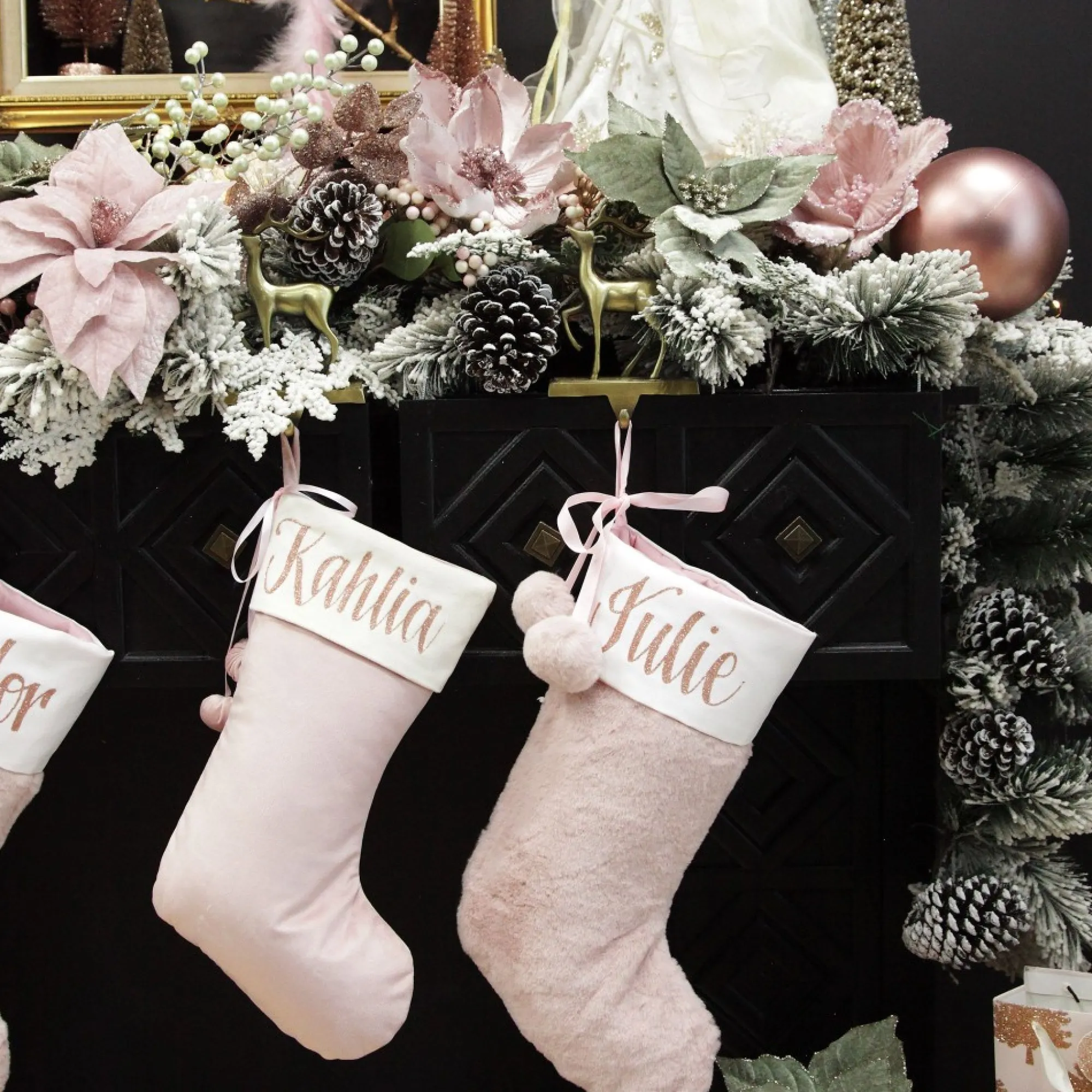 Personalised Pink Fur Christmas Stocking with Pom Poms Sale