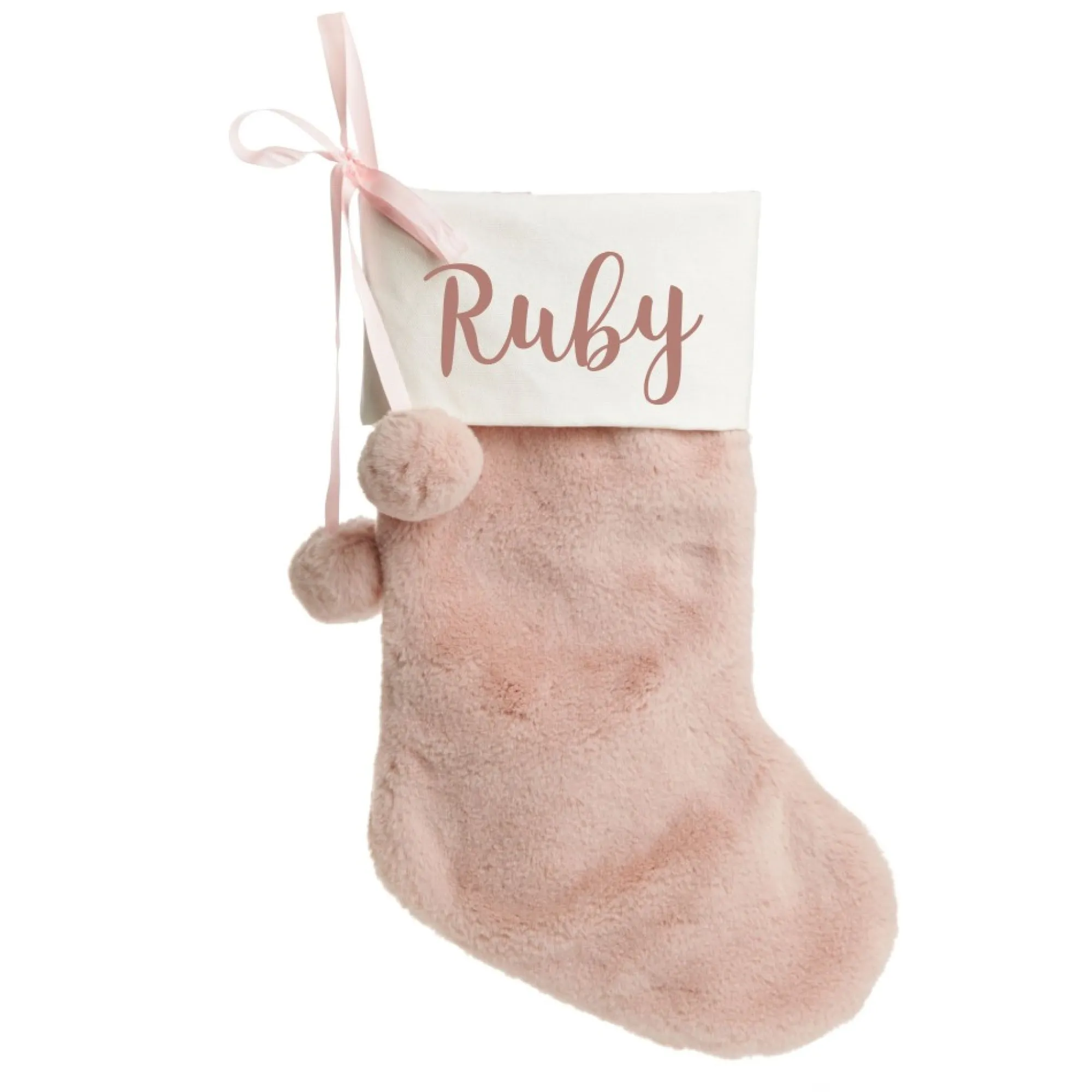 Personalised Pink Fur Christmas Stocking with Pom Poms Sale