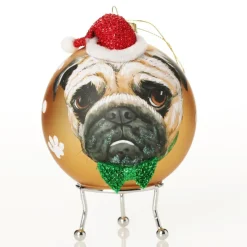 Personalised Pug Dog with Santa Hat Gold Christmas Bauble Cheap